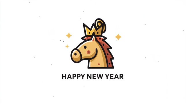 Cute horse head illustration with a crown and falling golden ingot, simple flat vector style with minimal lines, bold color palette, clean white background, &ldquo;Happy New Year&rdquo; text, cartoon-style 