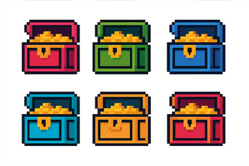 Colorful pixel art treasure chests filled with gold coins arranged in a grid layout