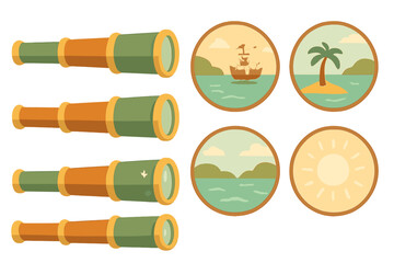 Discovering new adventures through telescopes and vibrant scenes of nature and exploration