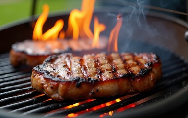 Perfectly cooked steak with grill marks is searing on a barbecue, creating a flavorful smoke and flames, ideal for a summer gathering with friends. High quality