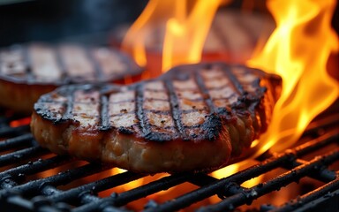 Perfectly cooked steak with grill marks is searing on a barbecue, creating a flavorful smoke and flames, ideal for a summer gathering with friends. High quality