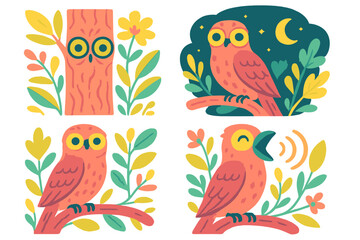 Colorful illustrations of owls in nature with flowers and night sky in a playful style