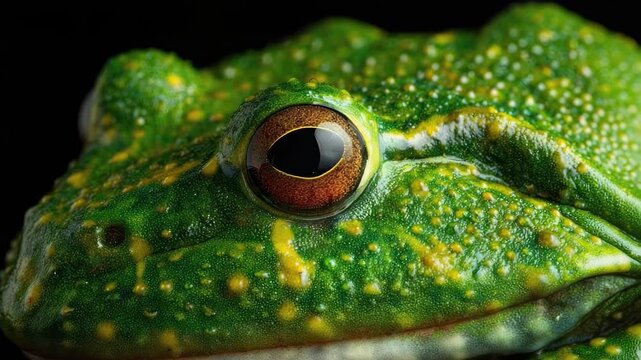 Close-up of a green frog with yellow spots and a large orange eye.