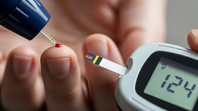 Daily blood sugar test shows readings on glucometer during routine home healthcare for diabetes management - Powered by Adobe