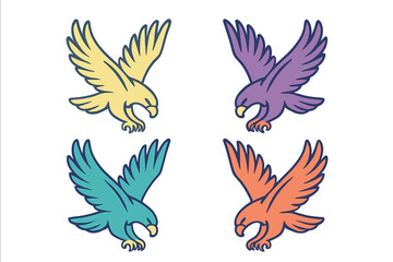 Colorful illustrations of four unique birds in different poses, showcasing vibrant designs and playful imagery for creative projects