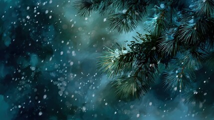 Digital art style blurred background of snow falling on pine tree branches, featuring a muted teal and gray color palette for a serene, ethereal winter nature scene.