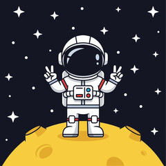 Naklejka premium Cartoon Astronaut Making Peace Signs on Lunar Surface Surrounded by Stars Illustration