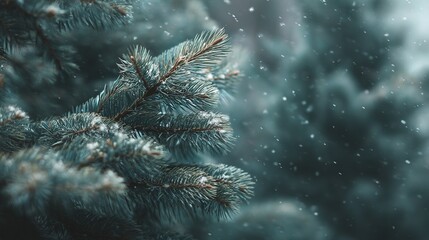 Digital art style blurred background of snow falling on pine tree branches, featuring a muted teal and gray color palette for a serene, ethereal winter nature scene.