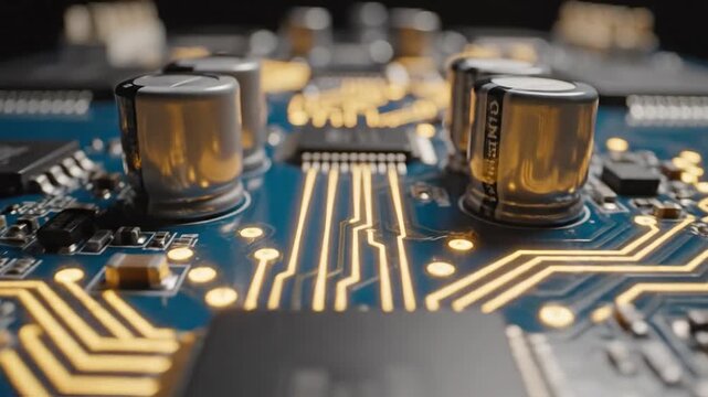 A close-up of a circuit board with golden pathways, a central chip, and integrated components