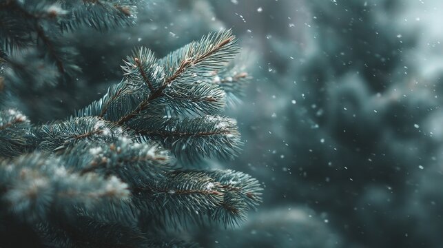Digital art style blurred background of snow falling on pine tree branches, featuring a muted teal and gray color palette for a serene, ethereal winter nature scene.