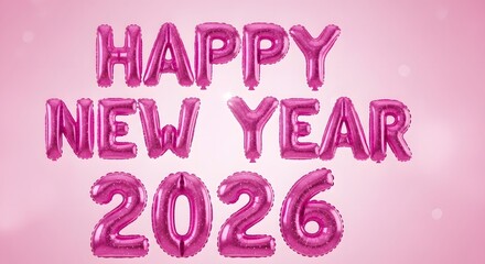 Metallic pink inflated balloons in large font spelling out Happy New Year 2026. Soft pink backdrop with bokeh lights and subtle glitter effect.