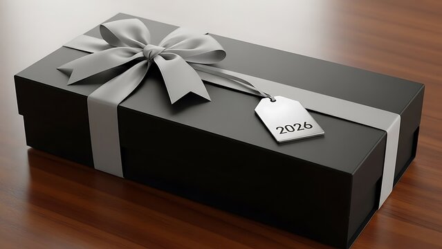 A beautifully wrapped gift box with the year 2026 on the tag