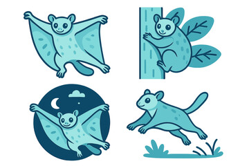 Unique illustrations of a cheerful sugar glider engaging in playful activities around trees and night skies