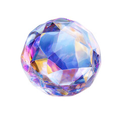A multifaceted iridescent crystal sphere refracts light into a spectrum of vibrant colors against a stark black background