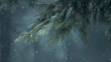 Digital art style blurred background of snow falling on pine tree branches, featuring a muted teal and gray color palette for a serene, ethereal winter nature scene.
