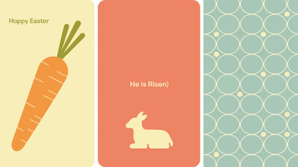 Happy easter greeting card with a carrot illustration and a rabbit silhouette with religious text