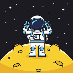 Astronaut on moon cartoon character with peace sign in cosmic black background with stars