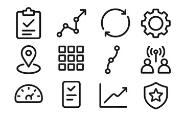 Productivity Icons Collection. Labor Day Productivity Frameworks linear icon set: objective sheet, planning pathway, cycle arrow, process engine, milestone marker, system grid