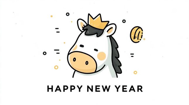 Cute horse head wearing a crown with a golden ingot falling from the sky, &ldquo;Happy New Year&rdquo; text, simple flat cartoon style, minimal lines, bold colors, vector illustration on a clean white background 