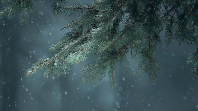 Digital art style blurred background of snow falling on pine tree branches, featuring a muted teal and gray color palette for a serene, ethereal winter nature scene.