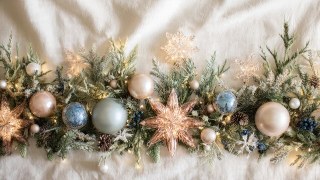 A beautiful festive garland features frosted greenery, shimmering baubles in soft pastel tones, illuminated stars, delicate snowflakes, and warm fairy lights. - Powered by Adobe