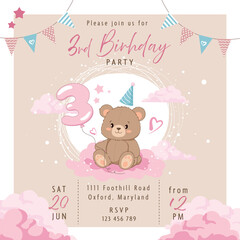 Invitation to a children's birthday party with a cute teddy bear holding a balloon, a delicate background with clouds