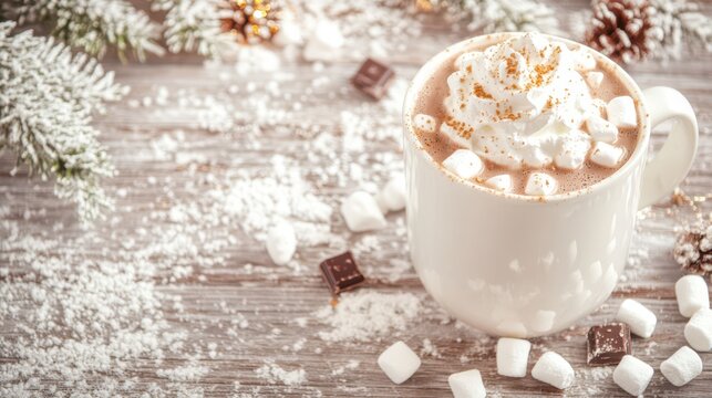 Winter Bliss: A cozy mug of steaming hot chocolate, adorned with fluffy whipped cream and marshmallows, rests invitingly on a snow-dusted surface.