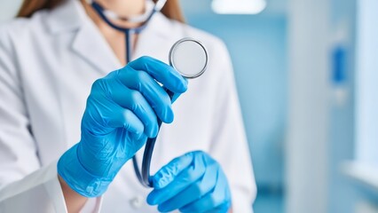 Close up of female doctor holding stethoscope in blue gloves, preparing for patient checkup in hospital setting