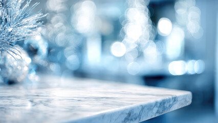 Elegant marble surface with festive frosted blue and white holiday decorations and sparkling bokeh lights, perfect for winter product display.