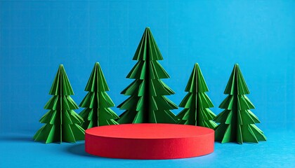 Minimalist Origami Christmas Trees Displayed on Red Podium Against Blue Background.