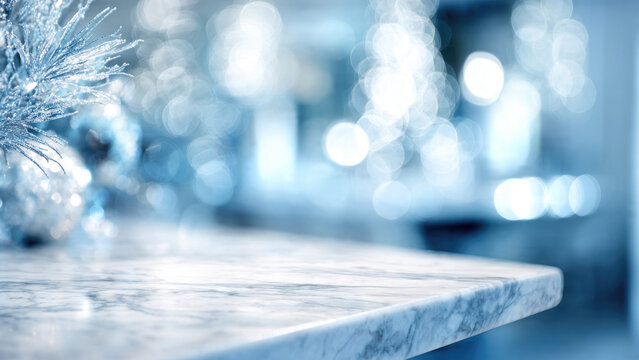 Elegant marble surface with festive frosted blue and white holiday decorations and sparkling bokeh lights, perfect for winter product display.