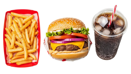 Delicious burger with french fries and cola arranged on white background ready for fast food craving satisfaction
