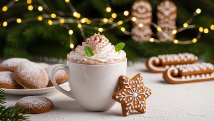 Festive Warmth: A beautifully composed image of a festive mug of hot beverage adorned with whipped cream, delicate mint leaves, and a sprinkle of cocoa powder, accompanied by gingerbread cookies.