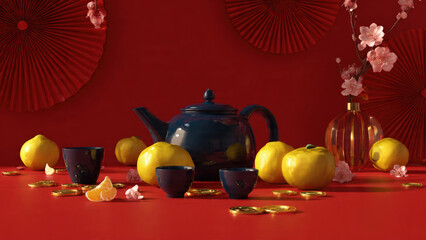 Vibrant Chinese New Year display: blue teapot, golden citrus, tea cups, gold coins, cherry blossoms on a rich red background. Symbolizes prosperity.