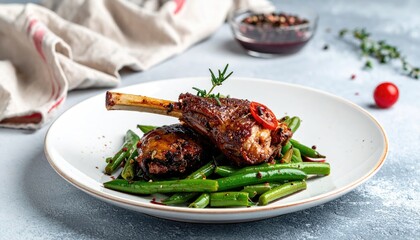 Deliciously cooked lamb shanks served with fresh green beans and rosemary garnish.