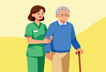 A caregiver supports an elderly man with a cane. The illustration has a warm palette and shows care