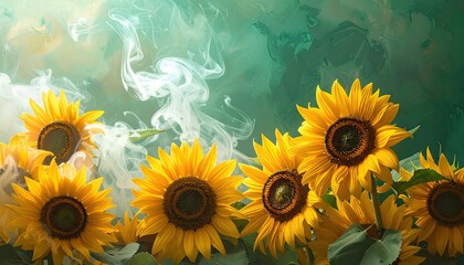 Vibrant sunflowers bloom amidst ethereal smoke and abstract green background.