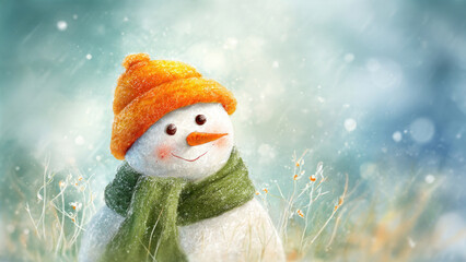 A whimsical snowman with an orange hat and green scarf smiles gently amidst a magical, snowy winter backdrop with soft lights.