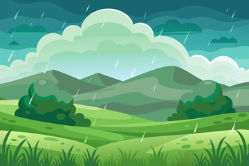 Fototapeta premium Two large green bushes on rolling hills during a rainstorm with layered mountains weather nature