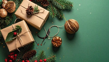 Rustic Christmas gifts and natural decorations with pine branches and ornaments.