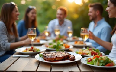 Backyard dinner table have a tasty grilled BBQ meat, Salads and wine with happy joyful people on background. High quality
