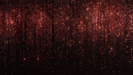 A dazzling cascade of shimmering red and gold glitter strands descends against a dark background, creating a festive, sparkling curtain of light and magic.