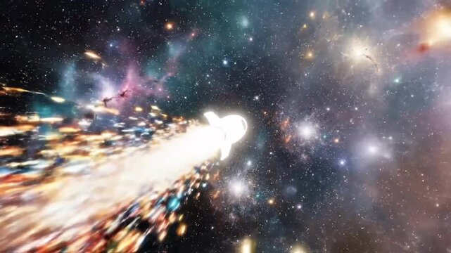 Radiant spacecraft hurtles through starry nebula