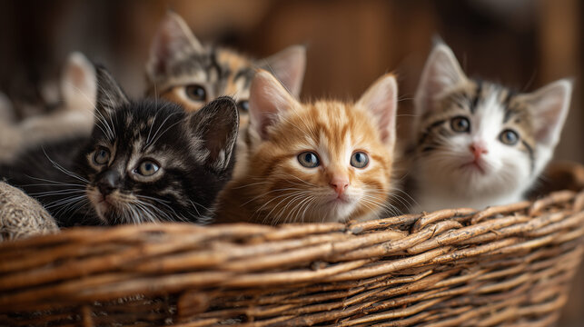 Ai five playful kittens resting together in a cozy woven basket indoors during the afternoon