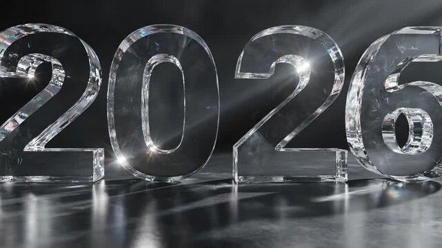 Three dimensional clear crystal glass number 2026 rendering with bright light reflection on dark reflective surface