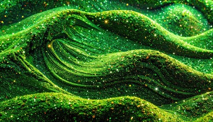 Abstract Glowing Green Organic Landscape with Sparkling Particles and Undulating Forms.