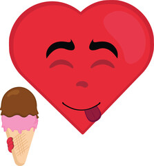 vector illustration emoticon character heart cartoon, with an ice cream  wafer cone in his hand and an yummy expression