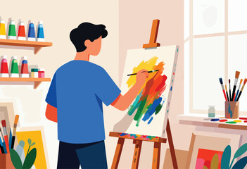 A person in a blue shirt paints on a canvas, surrounded by art supplies, brushes, and color palettes