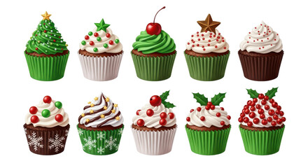 Festive Cupcake Assortment: A mouthwatering array of holiday cupcakes, each adorned with creative frosting and decorations, embodies the spirit of celebration and joy.