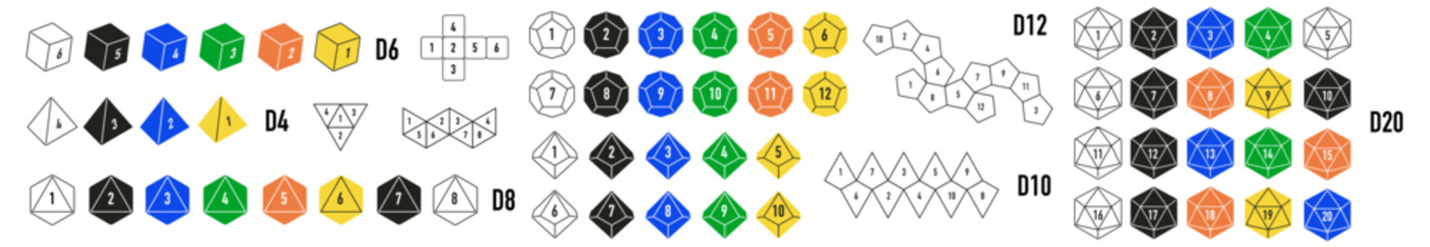 Colorful geometric polyhedral dice set for role-playing games